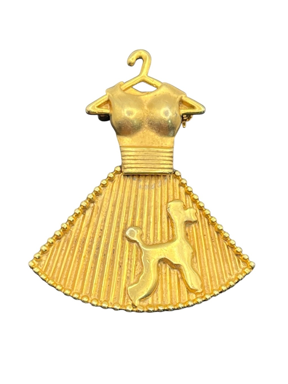 Pleated poodle dog skirt dress on hanger told tone vintage movable brooch pin